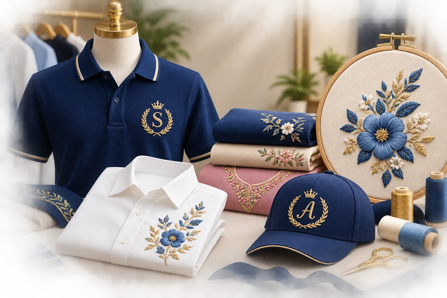 Navy polo, white shirt and cap with gold monogram embroidery, beside a floral hoop