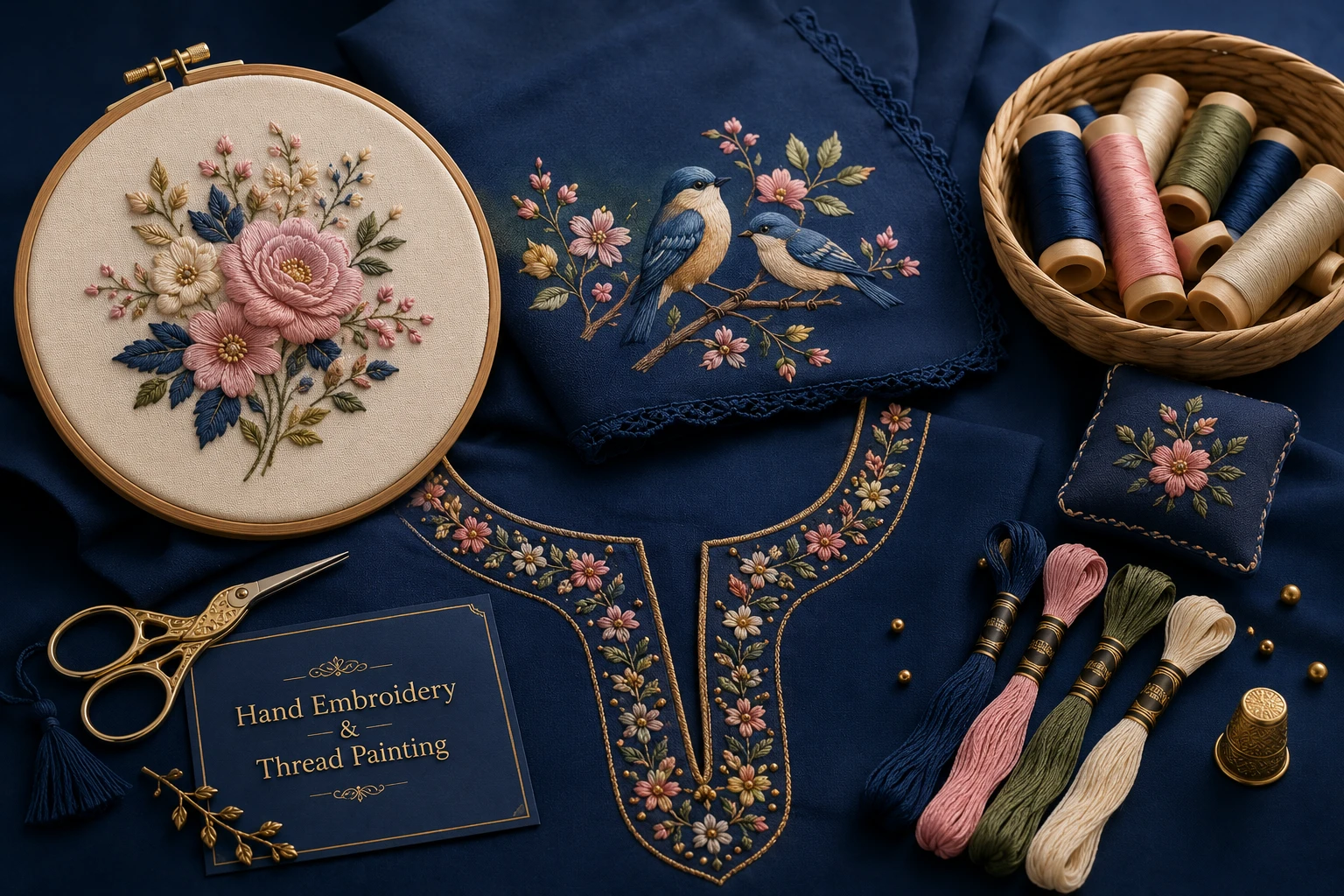 Hand-stitched floral panel in silk shading, with needle and thread spools