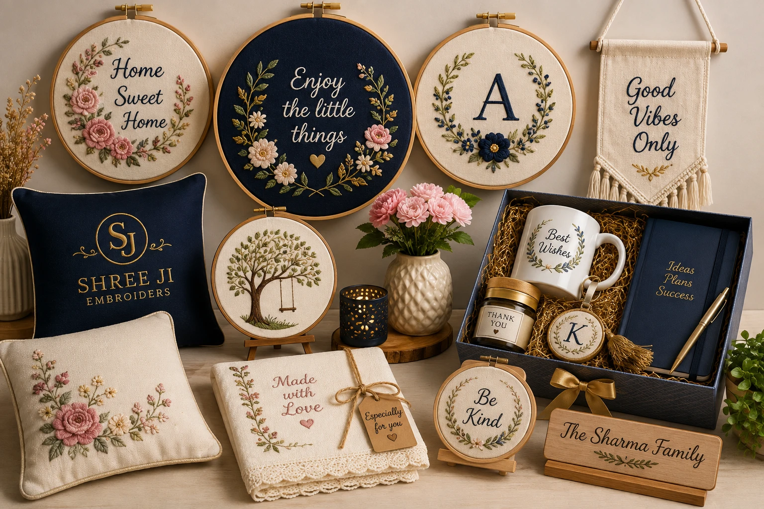 Framed embroidery hoops and cushions styled as decor and gifting pieces