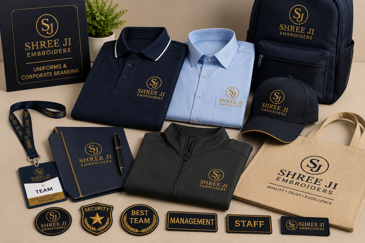 Uniform shirts with embroidered crests and name badges, packed by size
