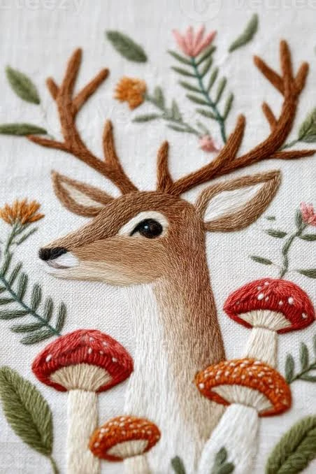 Deer among toadstools — thread painting on cotton