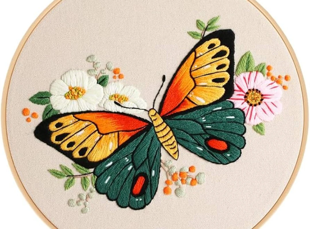 Butterfly and blossom hoop — satin and long-and-short shading