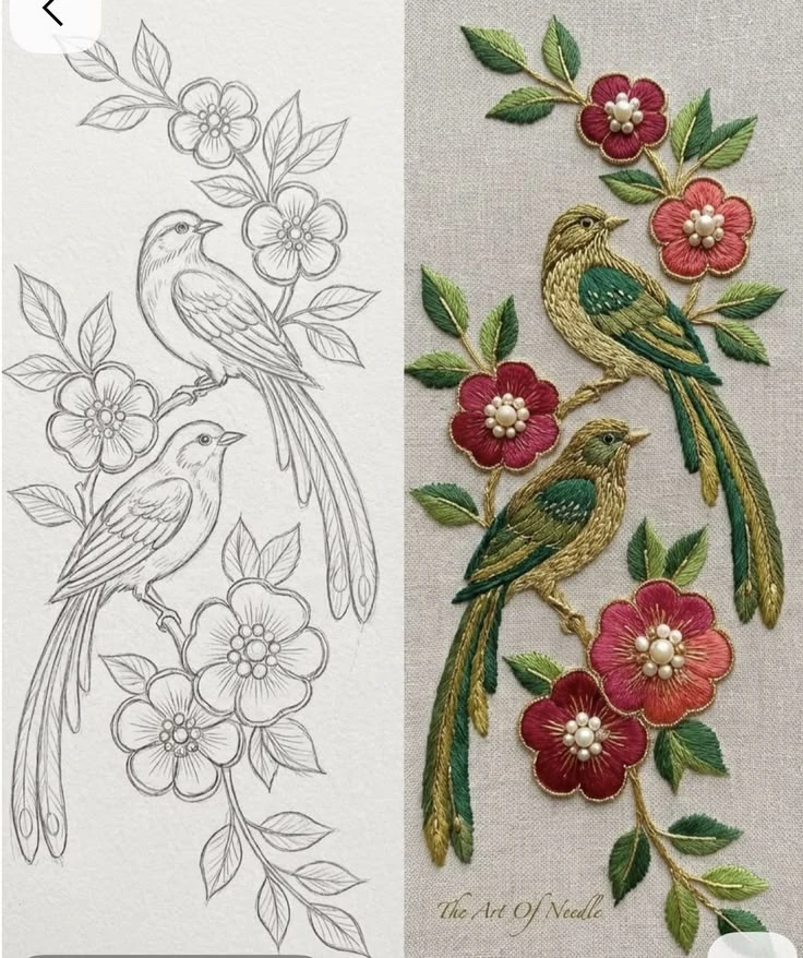 Pencil sketch of birds and blossoms beside the finished hand embroidery of the same design